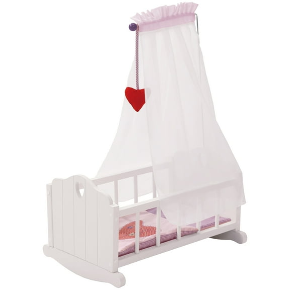 Roba Doll Cradle Set: Heart, Pink & White - W/ Hanging Mobile, Pillow, Blanket & Canopy, Children Ages 3+