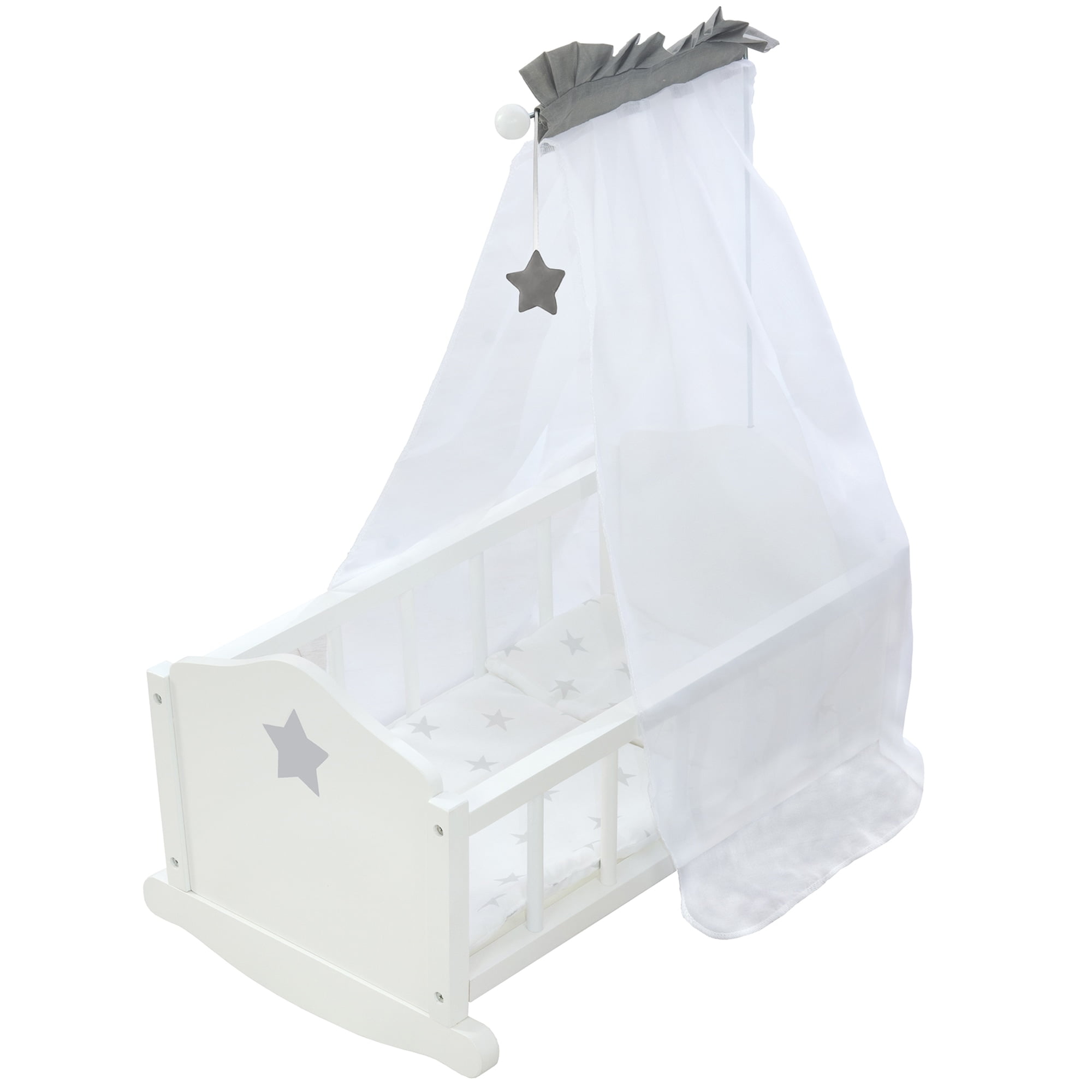 White and Gray Wooden Doll Cradle with Star Canopy