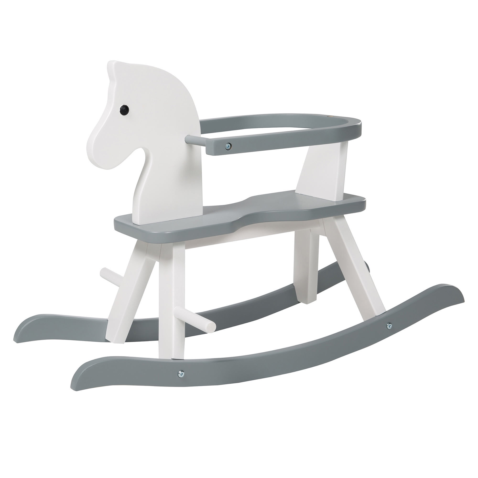 Roba Wooden Rocking Horse - White & Gray - Solid Wood Lacquered, Ride-On, Grows With the Child, Removable Protective Ring, 55 Lb Capacity, For 18+ Months