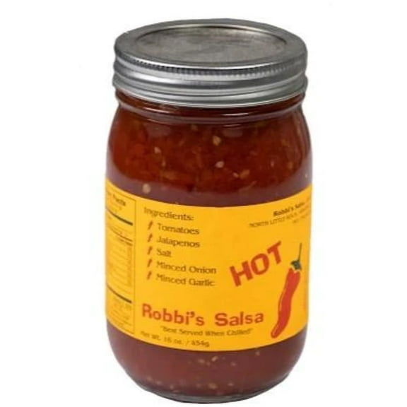 Robbi's Salsa Hot- Authentic Arkansas Flavor in Every Bite! Homemade Taste with Secret Blend of Tomatoes, Jalapeno Peppers, Salt, Onion & Garlic, "Best Served When Chilled", Gluten Free - 16 oz Jar