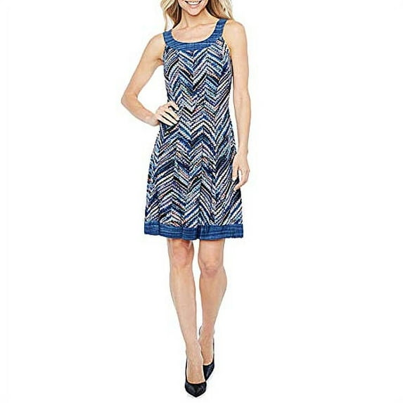 Robbie Bee Sleeveless Chevron Fit & Flare Dress Blue 2X