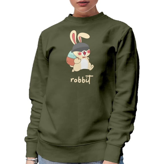 Robbit, Cute Rabbit Animal Pun, Military Green Crewneck Sweatshirt, Medium