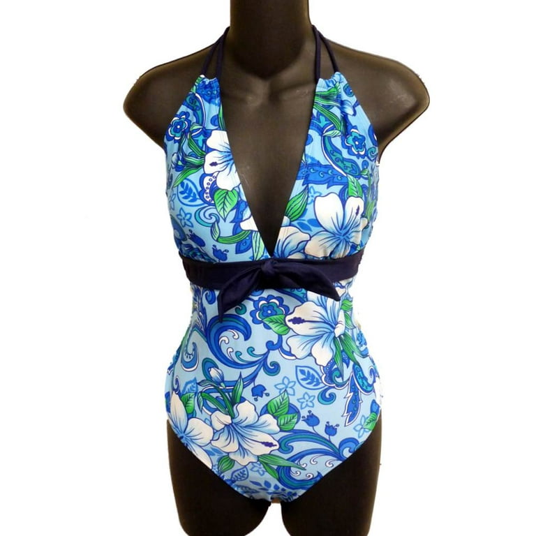 Robby Len Swimming Womens Blue Floral 1 Piece Swim & Bathing Suit 12