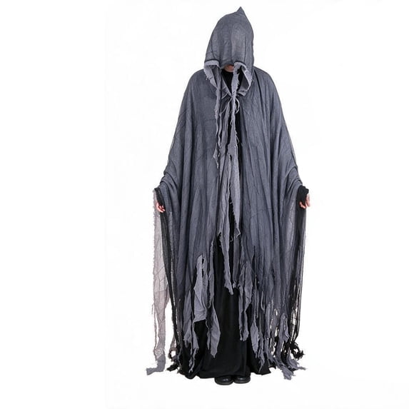 Robe Distressed Fringe, Halloween Costume, Ghost Cloak, Tattered Grim Reaper, Tattered Grim Reaper Cloak Hooded Gauze Robe Distressed Fringe Halloween Costume for Spooky Season