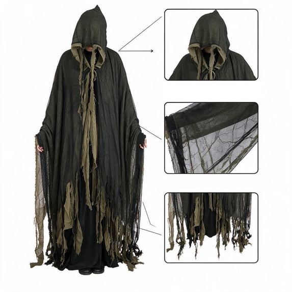 Robe Distressed Fringe, Halloween Costume, Ghost Cloak, Tattered Grim Reaper, Tattered Grim Reaper Cloak Hooded Gauze Robe Distressed Fringe Halloween Costume for Spooky Season, Green One Size
