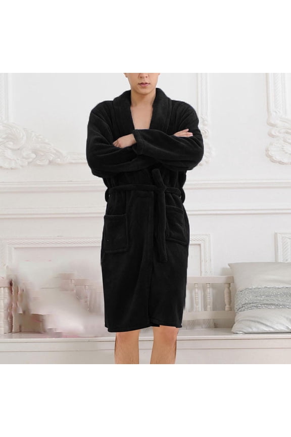 Robe Men Women Fleece Dressing Gown Plush Flannel Warm House Coat Zipper Bathrobe with Pockets for Winter Pajamas Black M