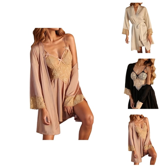 Robe Sets for Women Satin Lace Kimono Robe and Spaghetti Strap V Neck Backless Ruffle Nightgown 2 Piece Pjs Set