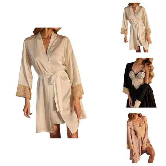 Robe Sets for Women Satin Lace Kimono Robe and Spaghetti Strap V Neck Backless Ruffle Nightgown 2 Piece Pjs Set