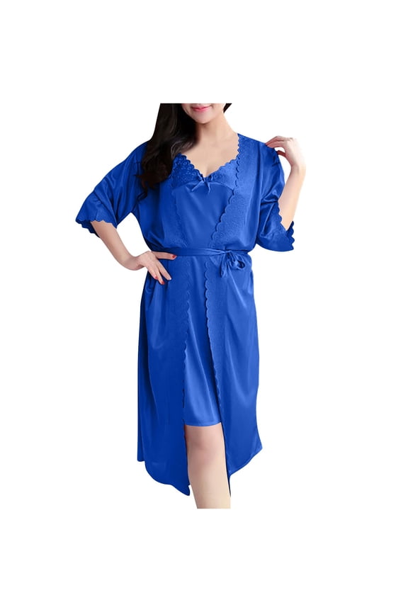 Robe Sets for Women Satin Robe with Nightgown 2 Piece Sleepwear Cami Nightwear Bridesmaid Robes Ladies Cotton Nightgown Dark Blue One Size