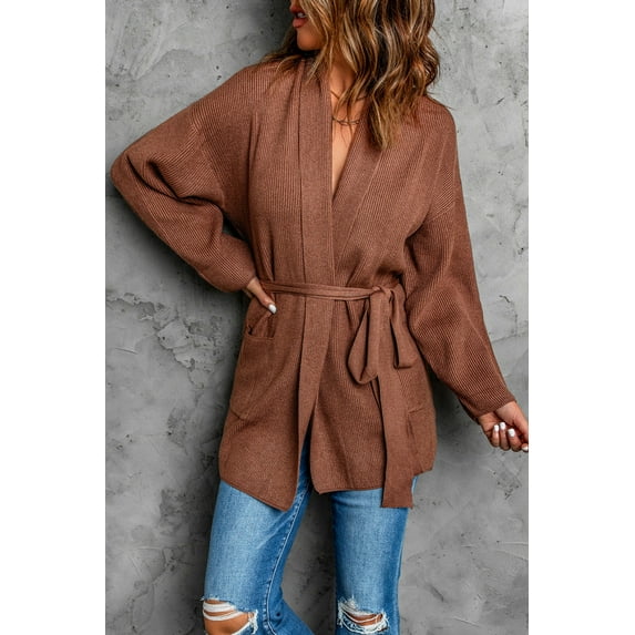 Robe Style Rib Knit Pocketed Cardigan with Belt