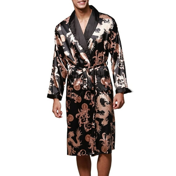 Robe for Men Silk Ice Silk Long Sleeved Bathrobe Printed Plus Size Sleepwear,Black,3XL