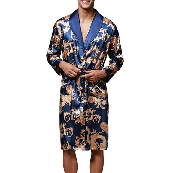 Robe for Men Silk Ice Silk Long Sleeved Bathrobe Printed Plus Size Sleepwear,Blue,XL