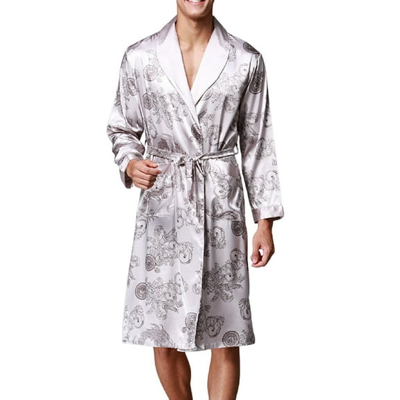 Robe for Men Silk Ice Silk Long Sleeved Bathrobe Printed Plus Size Sleepwear,Grey,XL