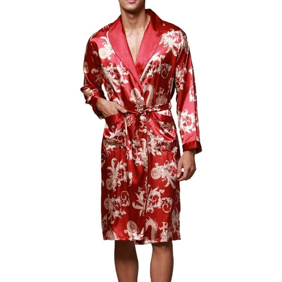 Robe for Men Silk Ice Silk Long Sleeved Bathrobe Printed Plus Size Sleepwear,Red,3XL