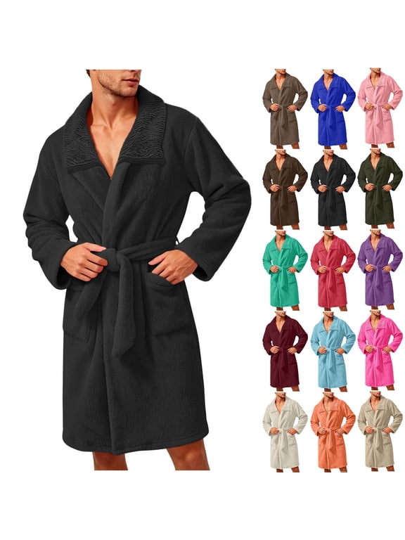Robe for Men, Solid Fleece Long Sleeve Open Front Robe with Tie Belt and Pocket Detail, Soft Lounge Wear for Winter Indoor | JASKFLY,Light Blue L