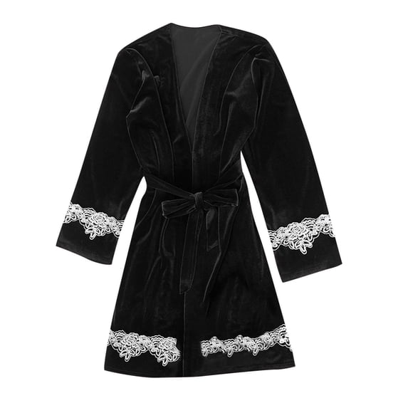 Robe for Women Fleece Shawl Collar Bath Robe Plush Long Robe Nightgown Lace Trim Soft Sleepwear Attached Belt