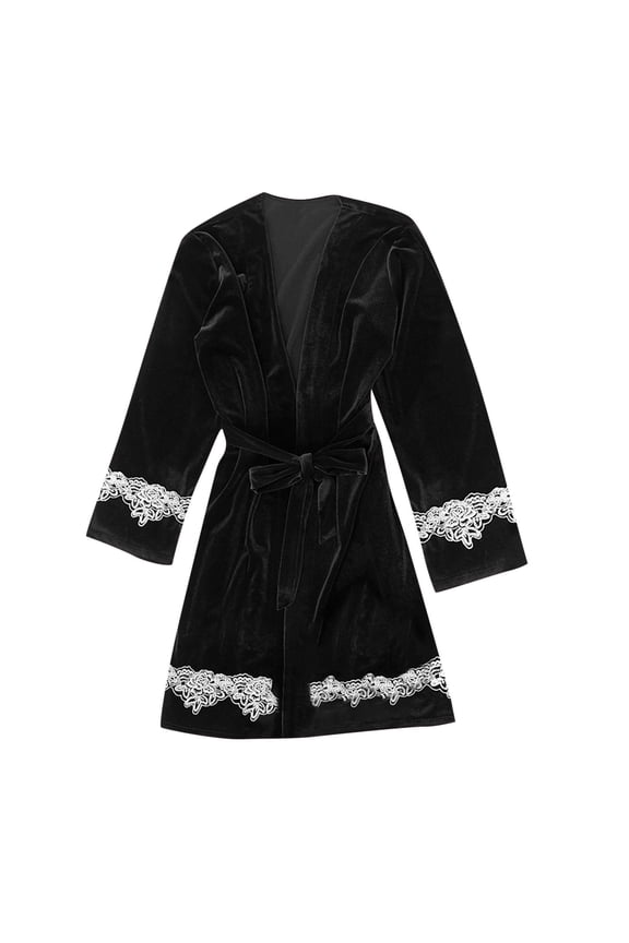 Robe for Women Fleece Shawl Collar Bath Robe Plush Long Robe Nightgown Lace Trim Soft Sleepwear Attached Belt