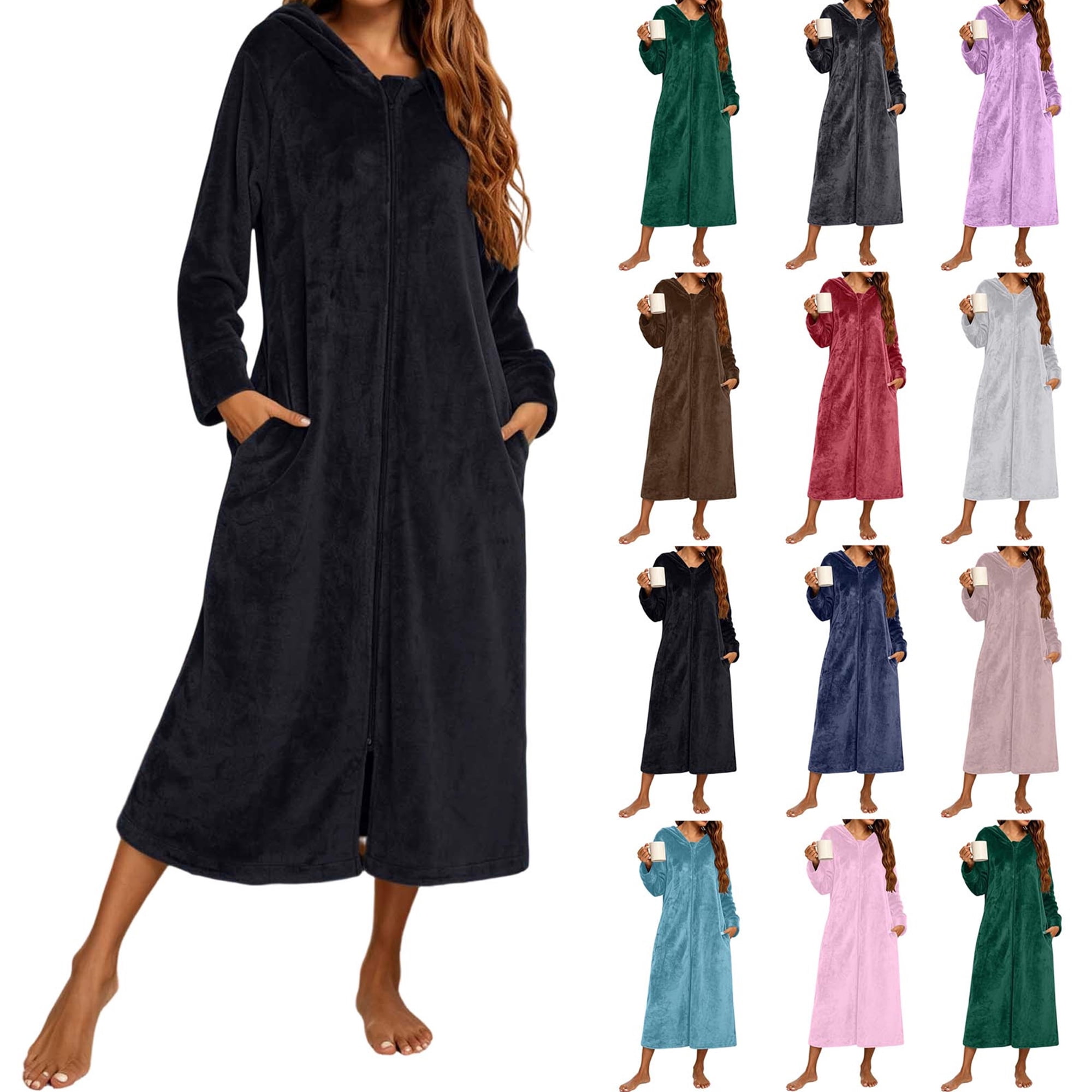 Robe for Women Qiggri Women's Solid Fleece Hooded Zipper Bath Robe Long ...