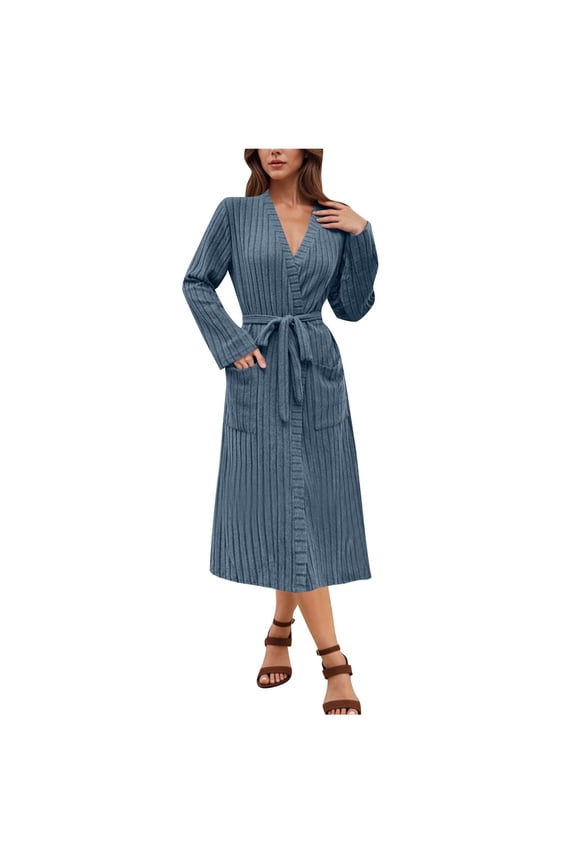 Robe for Women Ribbed Knitted V Neck Bathrobe Winter Casual Long Spa Robes Front Cardigan Nightgown with Belt