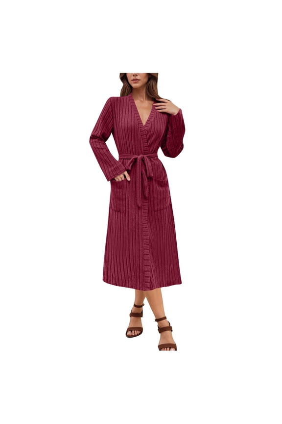Robe for Women Ribbed Knitted V Neck Bathrobe Winter Casual Long Spa Robes Front Cardigan Nightgown with Belt