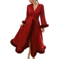 thumbnail image 1 of Robe for Women Silk Nightgown Feather Trim Lightweight Cozy Robes for Women Valentine's Day Housecoats for Women, 1 of 9