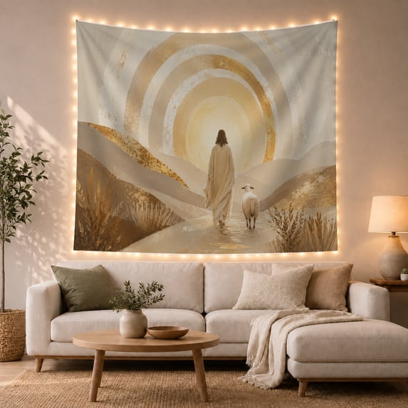 Robed Figure Sheep With Viewed Behind Walking Dirt, Mystical Fantasy for Space Lovers, Galaxy Room Decor, Housewarming Gift, Tapestry Wall Hanging for Bedroom and Dorm