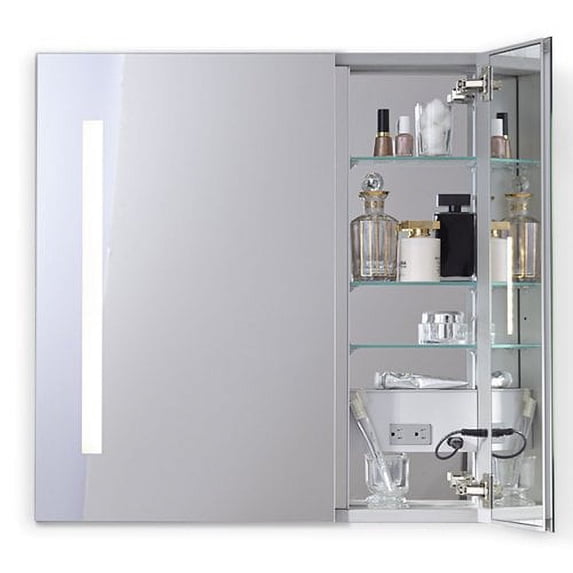 robern ac3630d4p2l aio 36" x 30" x 4" double door medicine cabinet with large door at left, task lighting, and interior illumination