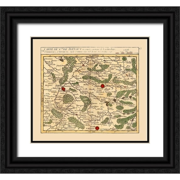 Robert 16x15 Black Ornate Wood Framed with Double Matting Museum Art Print Titled - Landrecies France - Robert 1748