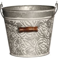 Robert Allen Galvanized Metal Planter, 8 inch Round Metal Bucket with Handle, White Washed Floral Design Farmhouse Decor for Indoor or Outdoor Use