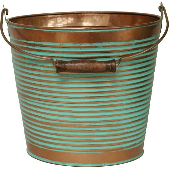 Robert Allen Mpt01760 Ribbed Metal Planter With Handle, 10", Vintage Copper
