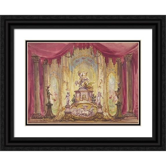 Robert Caney 18x14 Black Ornate Wood Framed Double Matted Museum Art Print Titled - Stage Set with a Statue of Saint George Slaying the Dragon
