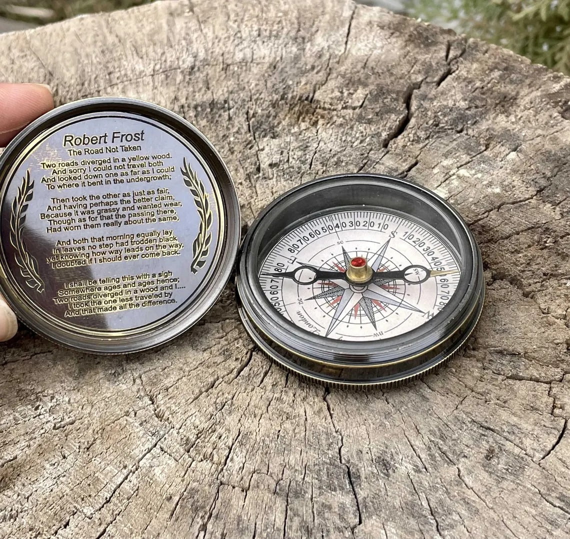 Robert Frost Engraved Compass - "The Road Not Taken" Brass Pocket Compass - Graduation, Traveler & Anniversary Gift