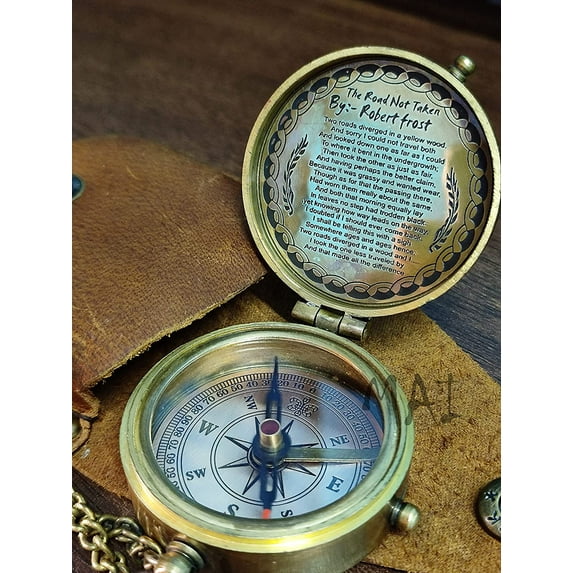Robert Frost Poem Pocket Compass Antique Brass Engraved Leather Case Camping Compasses Directional Magnetic Compass with Leather Case Nautical Vintage for Husband, Father, Love, Partner