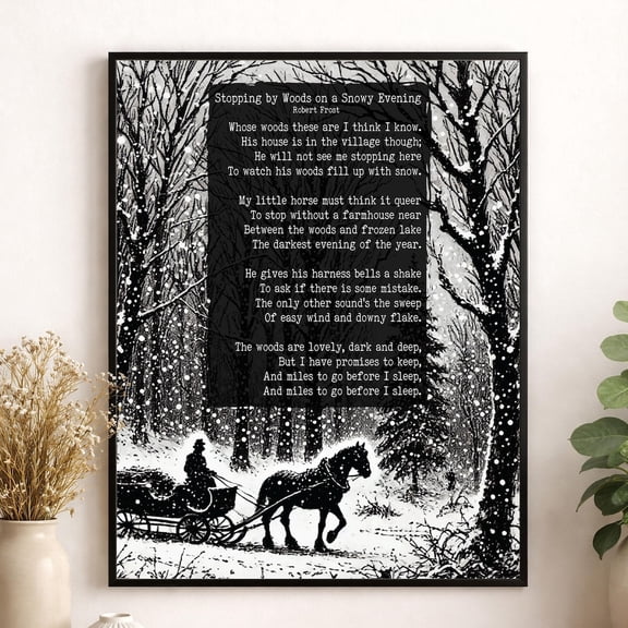 Robert Frost Quote Art Print Stopping By Woods On A Snowy Evening Poetry Literary Book Inspirational Motivational Sketch