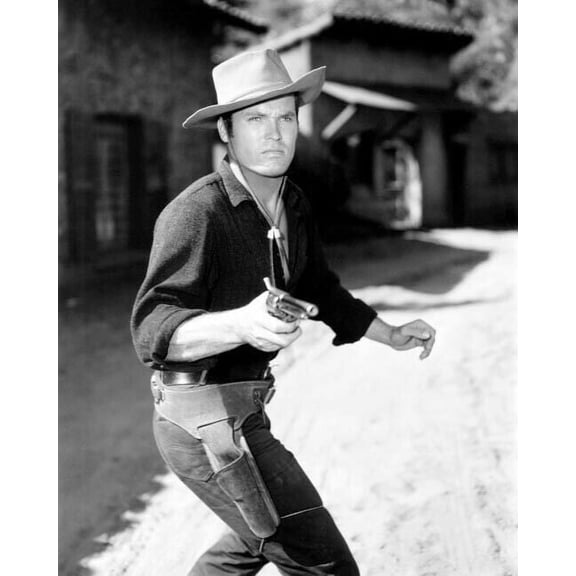 Robert Fuller in black shirt pointing gun Laramie TV series 8x10 inch photo