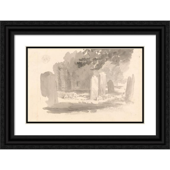 Robert Hills 14x11 Black Ornate Wood Framed Double Matted Museum Art Print Titled: St. Stephen's Churchyard, Jersey, with the Tomb of the Artist's Brother (After 1828)