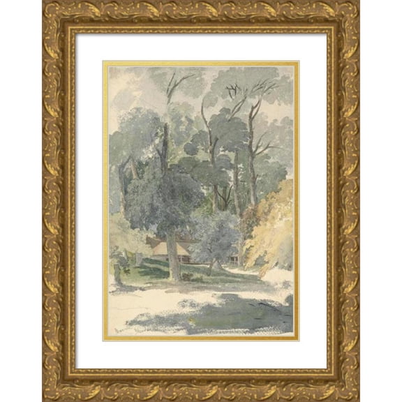 Robert Hills 14x18 Gold Ornate Wood Frame and Double Matted Museum Art Print Titled - Trees and Barns in Ashstead Park, Surrey