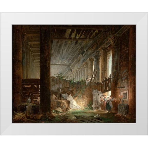 Robert, Hubert 24x20 White Modern Wood Framed Museum Art Print Titled - A Hermit Praying in the Ruins of a Roman Temple