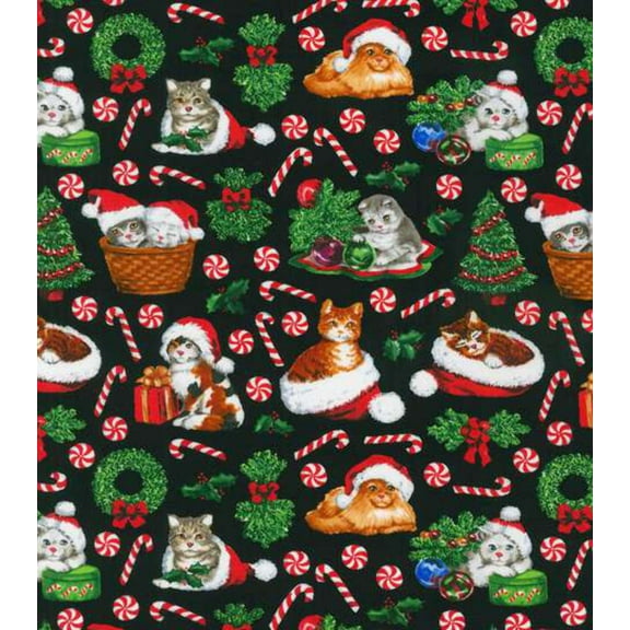 Robert Kaufman Happy Kittens Cats on Black 100% Cotton Price Per Yard