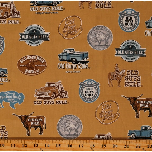 Robert Kaufman Old Guys Rule Logo Cows Longhorns Lassos Horses Trucks Patriotic Natural Fabric by the Yard (AOD-18321-14-Natural)
