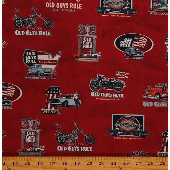 Robert Kaufman Old Guys Rule Logo Words Phrases Flags Trucks Patriotic Red Fabric by the Yard (AODD-17518-3-RED)