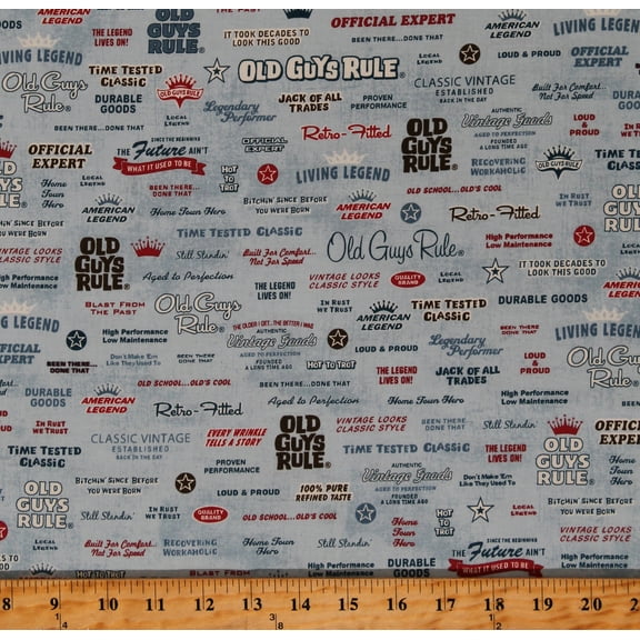 Robert Kaufman Old Guys Rule Logo Writings Words Phrases Stars Patriotic Denim Fabric by the Yard (AOD-16704-67-DENIM)