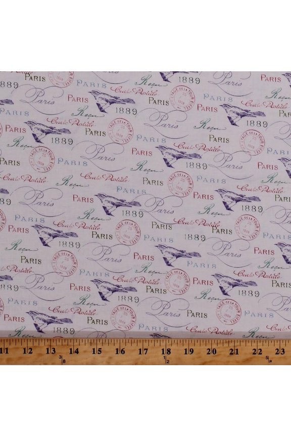 Paris France French Words Cursive Script Birds Stamps 1889 World Fair Paris in Bloom White 100% Cotton Fabric sold by the yard