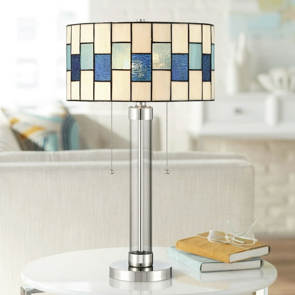 Robert Louis Tiffany Andra 24 1/2" High Small Modern Art Glass Table Lamp Pull Chain Silver Brushed Nickel Metal Living Room