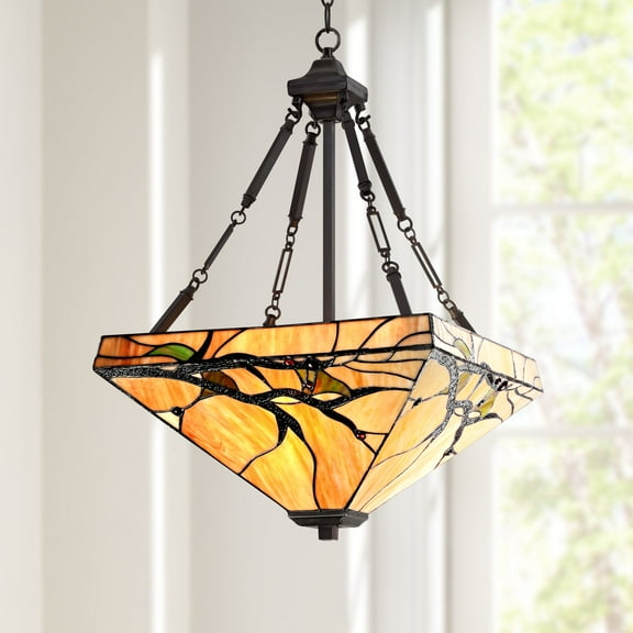 Robert Louis Tiffany Bronze Pendant Chandelier 17" Wide Rustic Budding Branch Stained Art Glass 3-Light Fixture for Dining Room House Kitchen Island
