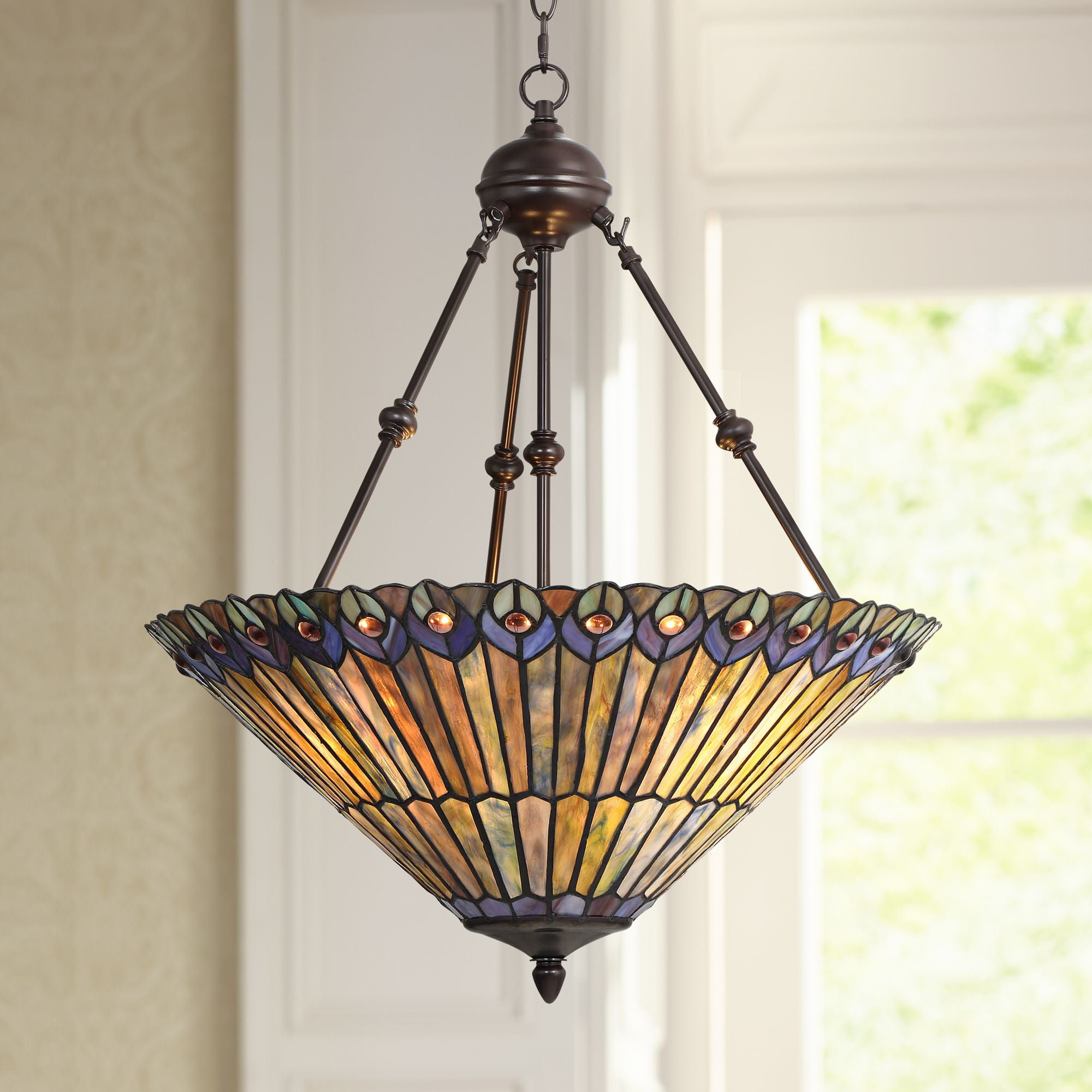 Elegant Peacock Feather 24.5" Bronze & Glass Pendant Light