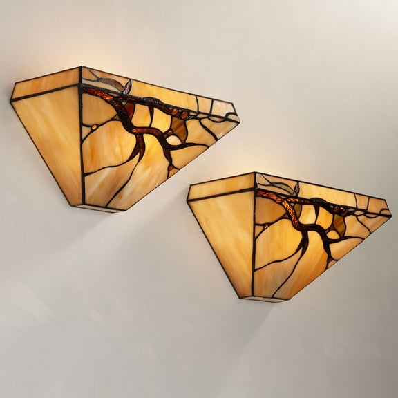 Robert Louis Tiffany Budding Branch Vintage Wall Light Sconces Set of 2 Copper Amber Art Glass Hardwire 14" Fixture for Bedroom Bathroom Vanity House