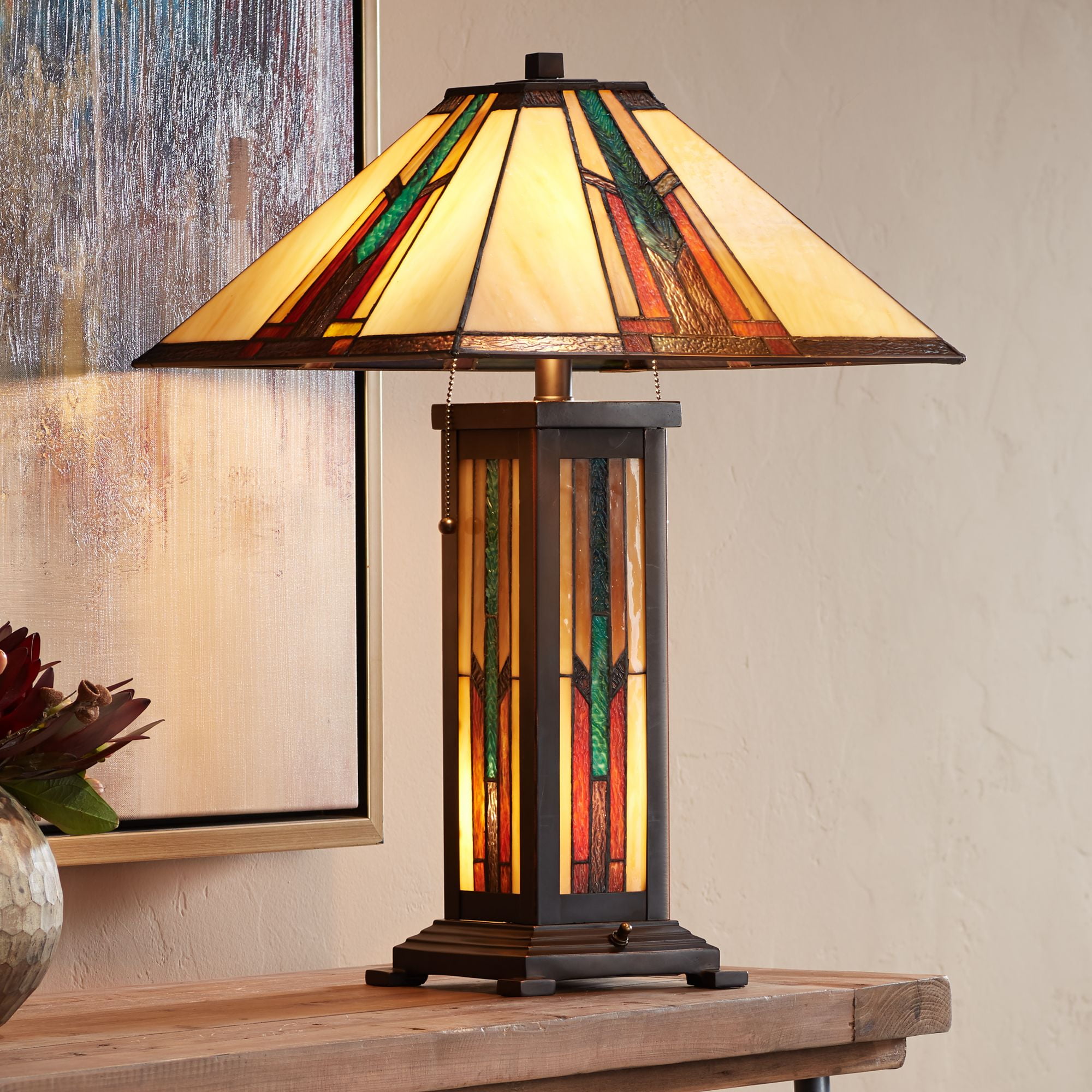 Robert Louis Tiffany Mission Table Lamp with Nightlight 25" High Bronze Stained Glass for Living Room Family Bedroom Bedside Nightstand