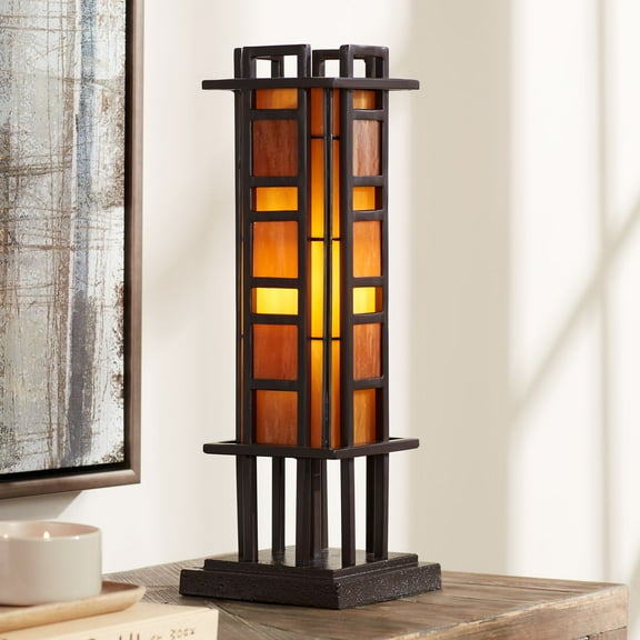 Robert Louis Tiffany Prairie Mission Accent Table Lamp 20" High Bronze Geometric Metal Amber Stained Glass for Bedroom Living Room Bedside Nightstand