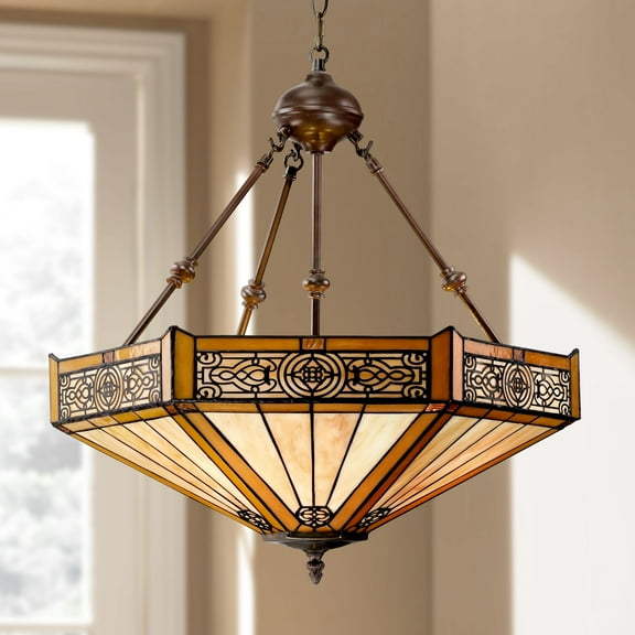 Robert Louis Tiffany Stratford Bronze Pendant Chandelier 20 3/4" Wide Farmhouse Rustic Art Glass 3-Light Fixture for Dining Room House Kitchen Island